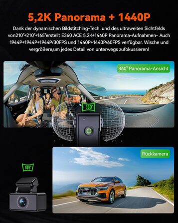 Панорамний автореєстратор VANTRUE E360 ACE 5.2K Dual STARVIS 2 HDR 360°, відеореєстратор з WiFi, GPS, сенсорним екраном 1.54″ та режимом паркування (передній та внутрішній)
