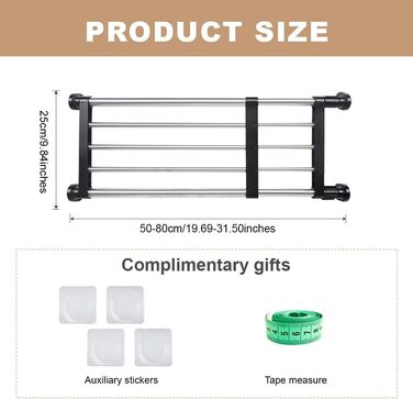 Hershii 50-80cm Extendable Closet Shelf Rod, Adjustable Closet Organizer, Pull-Out Closet Divider, Clothes Rod, Closet Metal Storage, for Wardrobe, Kitchen, Bathroom, Black