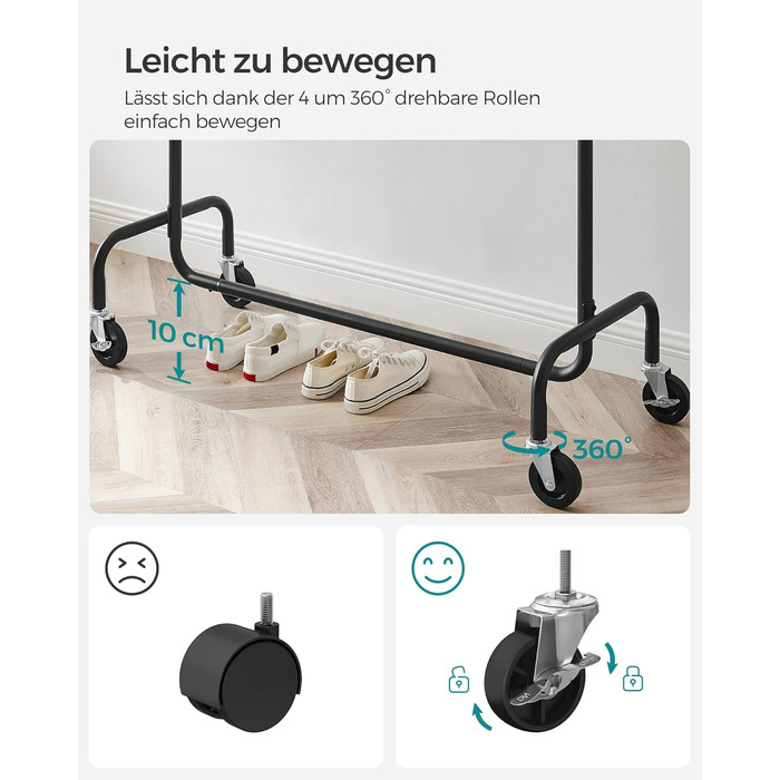 SONGMICS Clothes Rack with Wheels, Clothes Rail, Heavy-Duty, Extendable Clothes Rod, Load Capacity up to 110 kg, 45 x (160-200) x 162.9 cm, Metal, Chrome, HSR176E01 ((110-150)B cm, Matte Black)