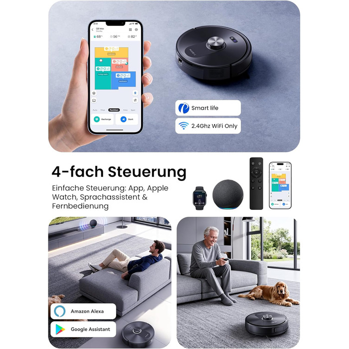 Робот-пилосос Proscenic Q10 з функцією миття, 8000Pa, 200хв, лазерна навігація, керування через додаток, Siri, Alexa, Apple Watch, для підлоги та килимів, чорний