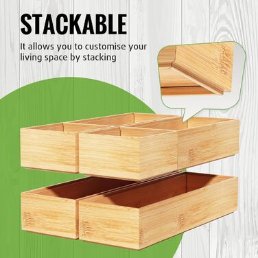 Rainsworth Drawer Organizer 5cm Height, Bamboo Box Stackable, Cosmetic Vanity Makeup Bathroom Organizer Box, 6 Piece Kitchen Drawer Organization System, Christmas Gifts Storage Box