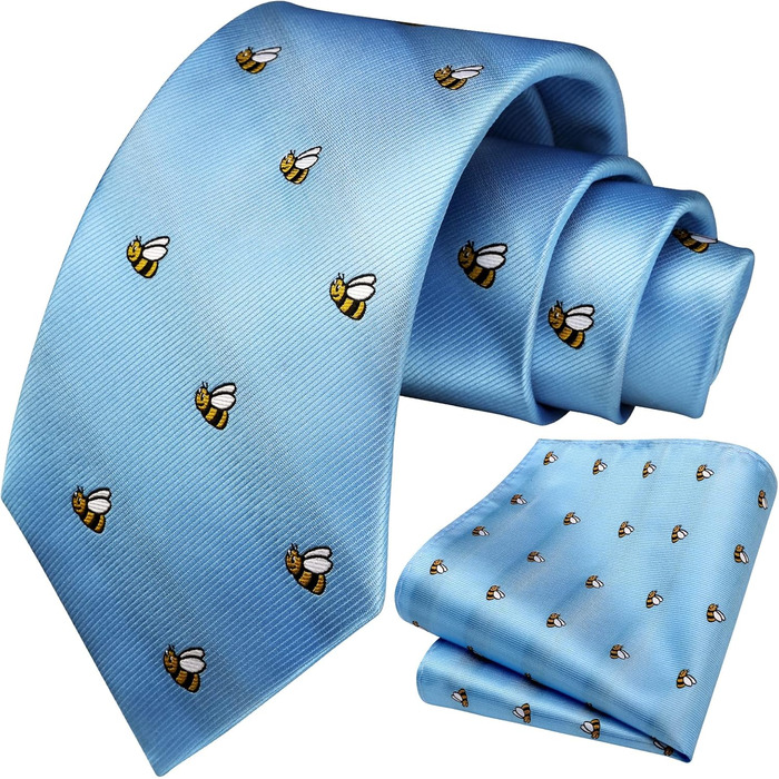 HISDERN Комплект краватки та нагрудного хустинки з принтом тварин (Бджола, блакитний) для весілля та ділових зустрічей