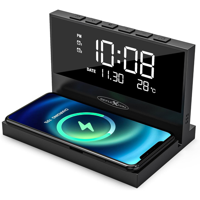 Бездротовий зарядний пристрій Reflexion ACW2188: зарядка смартфона, будильник, нічник, USB-порт, великий дисплей