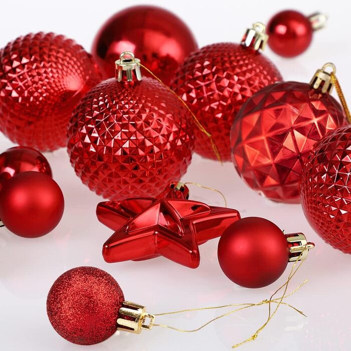 DEUBA® Новорічні кулі 66 шт. Ø 3-6 см, пластик, матові/глянцеві, прикраси для ялинки, новорічний декор (червоні)