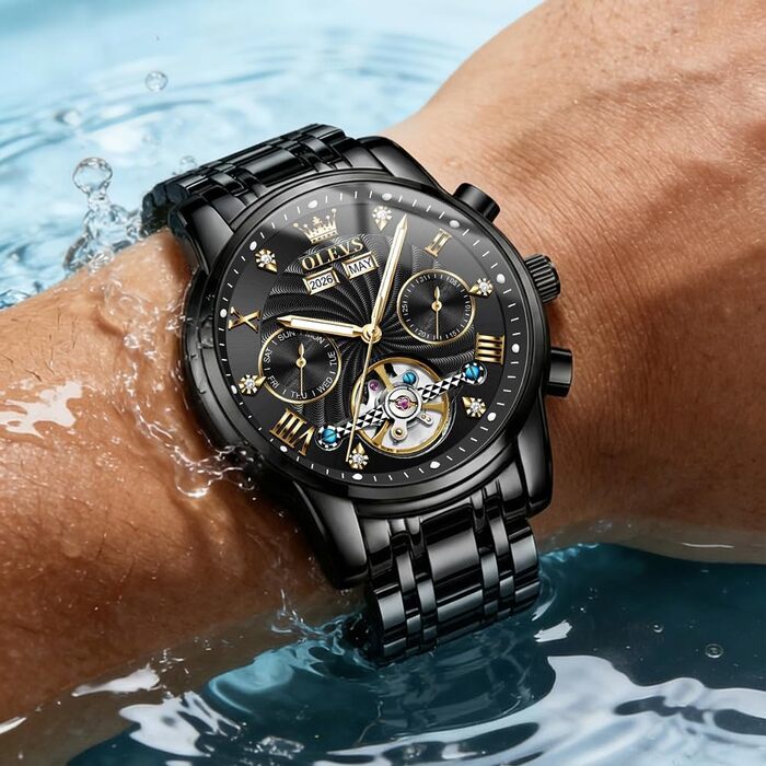 Чоловічий механічний годинник OLEVS з автопідзаводом, турбійоном та календарем, водонепроникний, світловий циферблат (7088 All Black)