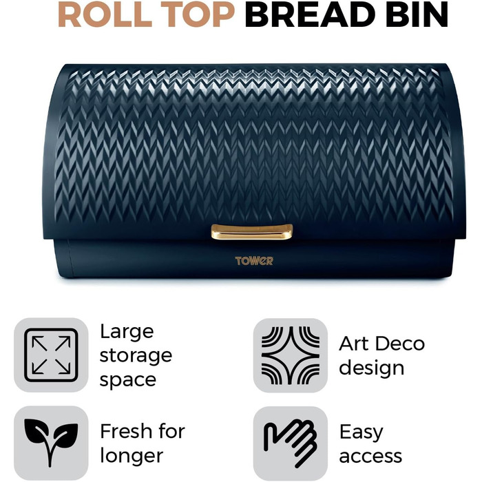 Хлібниця Tower Empire з кришкою-роликом, нержавіюча сталь та латунь, синій колір Midnight Blue
