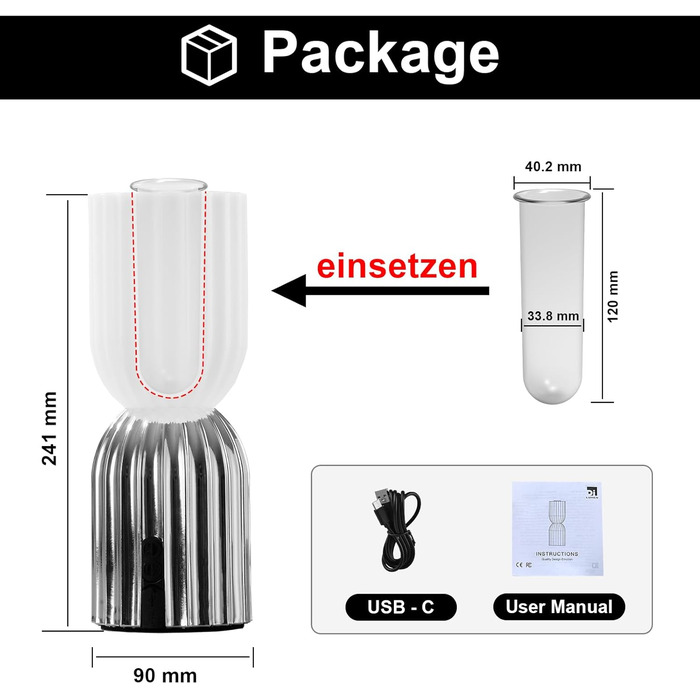 Світлодіодна настільна лампа бездротова акумуляторна з USB-C, димована, RGB підсвітка 2700K, IP54 для дому, балкону, саду (хром)