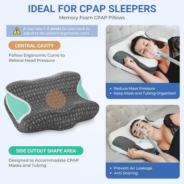 Подушка Elviros з піни Memory Foam для CPAP-терапії для тих, хто спить на боку, анатомічна, регульована висота, сумісна з масками, темно-сіра