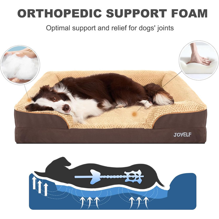 JOYELF Orthopedic Dog Bed for Large Dogs, Waterproof Foam Sofa with Removable, Washable Cover and Non-Slip Bottom for Small to Medium-Sized Dogs - Coffee