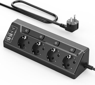 Кутовий подовжувач з захистом від перенапруги та USB-C, мережевий фільтр на 5 розеток з кабелем 2м (3680W, 16A), настінний розгалужувач для кухні та офісу, чорний