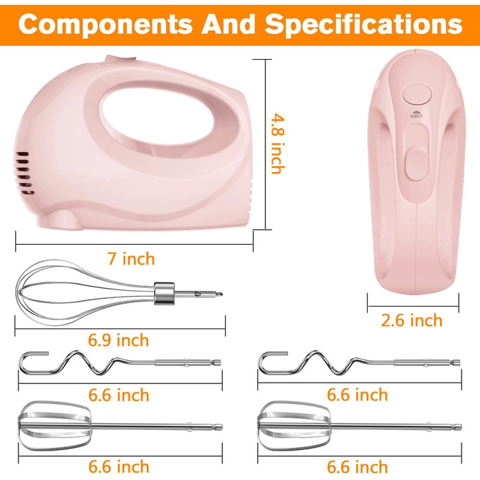 Електричний міксер ручний з 5 швидкостями, CX-6613, білий/рожевий. В комплекті: вінчик, міксер, гаки для тіста (нержавіюча сталь), миється в посудомийній машині