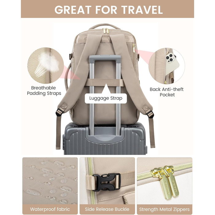 Рюкзак LOVEVOOK для ручної поклажі в літак, 40L, жіночий, водонепроникний, з відділенням для ноутбука 17 дюймів, для подорожей, роботи, хайкінгу, оливково-бежевий