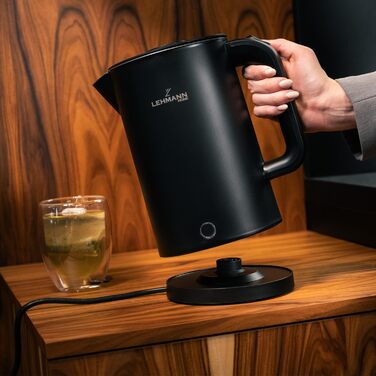 Електричний чайник LEHMANN з нержавіючої сталі 1,7л, 2200W, швидкий нагрів, подвійні стінки, автовимкнення та захист від перегріву, BPA-free, для дитячого харчування, чаю та кави, чорний