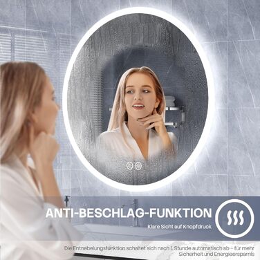 Дзеркало для ванної кімнати HySail з підсвічуванням, 5 мм, високоякісний срібний дзеркало, 3 колірні температури та регульована яскравість, настінне дзеркало з сенсорним вимикачем та антизапарюючим покриттям, кругле (80x80 см)