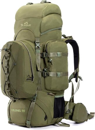 Tripole Rucksack from the Colonel Series with Internal Frame - Featuring Detachable Daypack and Rain Cover (95 Liters, Olive Green)