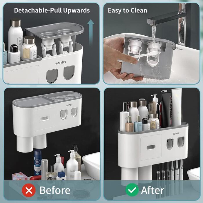 Тримач для зубних щіток настінний з автоматичним дозатором пасти для дітей та дорослих, 6 відділень для щіток, 2 магнітні стаканчики, сірий