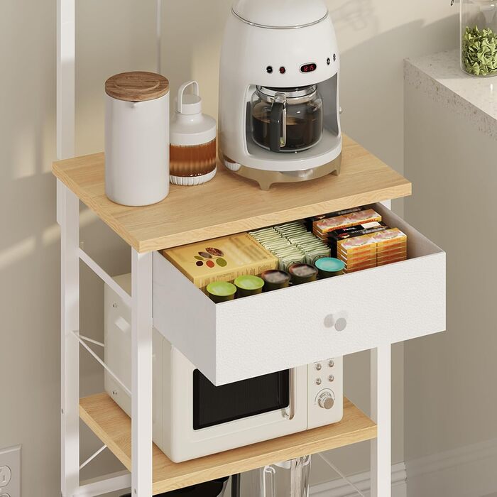 Полиця кухонна з розетками, стелаж для пекаря, підлоговий стелаж, 34 x 48 x 139 см, полиця для мікрохвильовки з ящиками, 4 гачки, для кухні, вітальні, їдальні, чорний/білий ABRHR48UE01