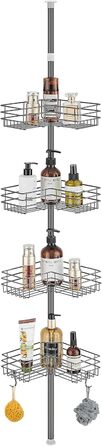 FIISAYL Shower Shelf No Drilling Telescopic Shower Rack Metal Corner Shelf Bathroom Shelf with 4 Shower Baskets, Height Adjustable 85-325cm, Suitable for Bathtub, Bathroom and Kitchen, Grey