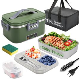 Електрична ланчбокс 100W, 3-в-1, 1.8L, нержавіюча сталь, ізольована термобокс для авто/вантажівки, 12V/24V/220V (зелений)