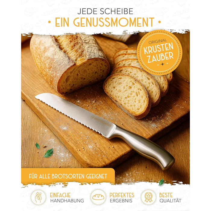 Ніж для хліба KRUSTENZAUBER з хвилястим лезом, 20 см, нержавіюча сталь. Великий ніж для нарізання хліба та булочок, для точного та легкого нарізання.