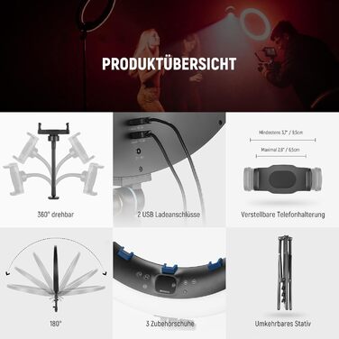 NEEWER Ringlicht RP19H 19 дюймів з триподом та 3 тримачами для телефону, RGB, 42W, CRI 97+, 2540 Lux, для стрімінгу, офісу, Zoom