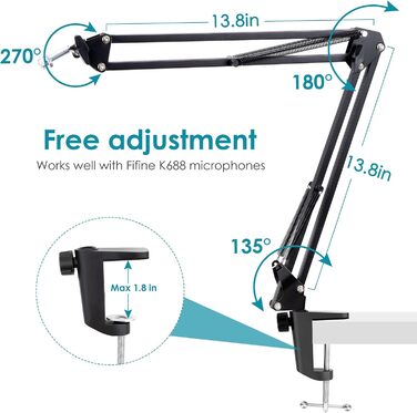 FIFINE K688 Тримач для мікрофону на гнучкій стійці - Тримач для мікрофону з кріпленням для кабелю, сумісний з FIFINE Recording XLR/USB мікрофонами, YOUSHARES K688