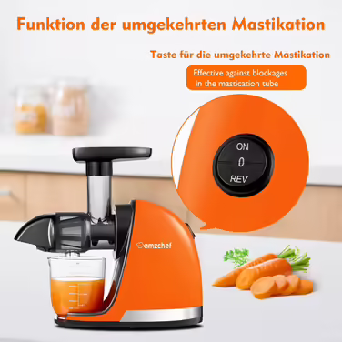 AMZCHEF Juicer - Vegetable and Fruit Test Winner - Slow Juicer with Reverse-Mastication Function - Gentle Crushing Without Filtering - Electric Juice Press with Brush and 2 Cups - Vibrant Orange