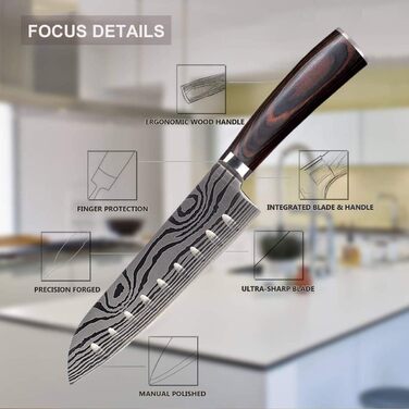 Японський ніж Santoku AIRENA, 7 дюймів (17.8 см), професійний кухонний ніж з високоякісної сталі D2, ергономічна ручка, для дому та кухні