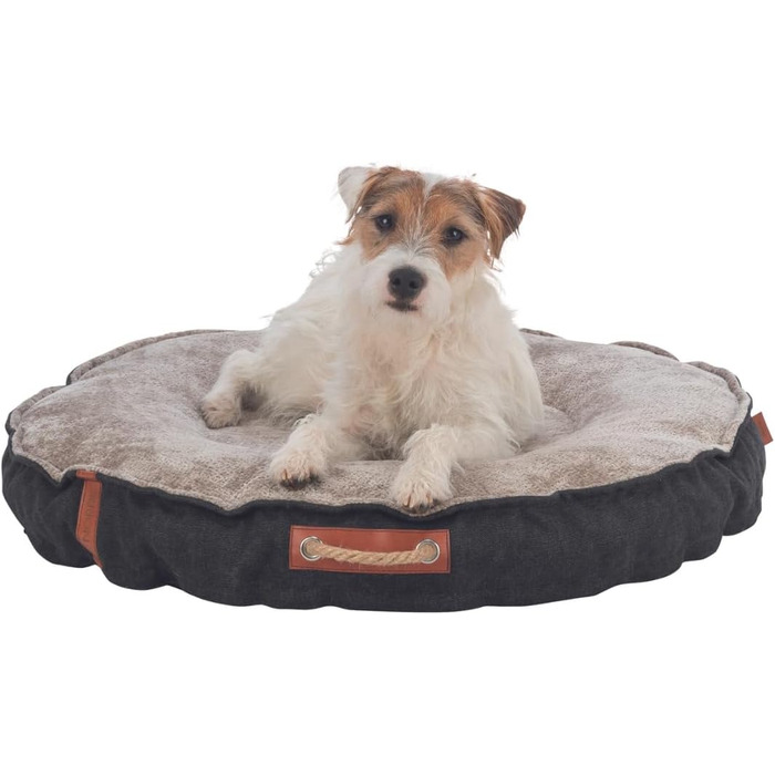 Кругле ліжко для собак TRIXIE Föhr, діаметр 70 см, чорний/пісочний колір, з ручкою для перенесення, м'яке та миється