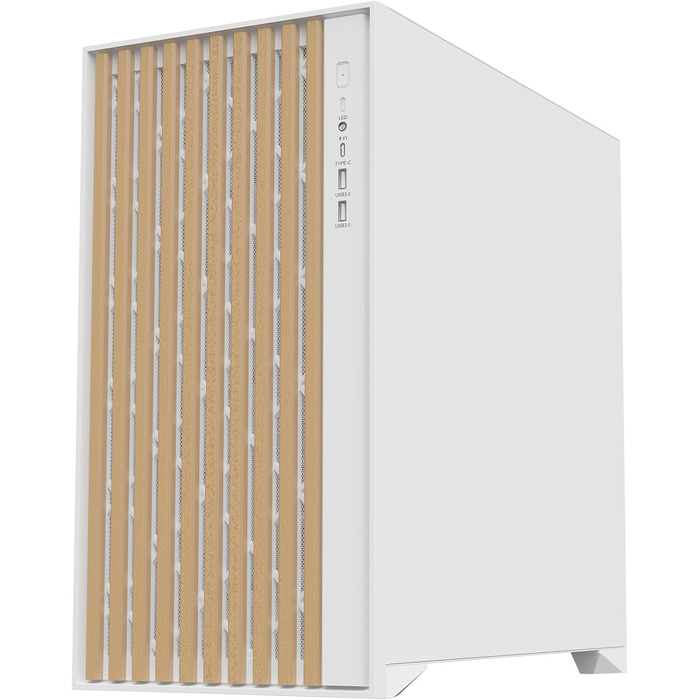 Корпус для ПК Itek Woody – Ігровий комп'ютерний корпус ATX з 3 вентиляторами 140 мм, 2x USB 3.0, Type-C, фасад з дерева, бокова панель з загартованого скла, білий