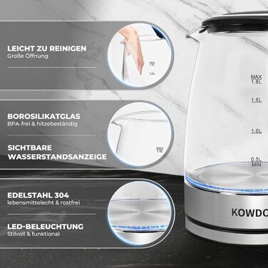 Електричний чайник Kowdom 1.8L з боросилікатного скла, BPA-free, 2200W, швидкий нагрів, автовимкнення та захист від сухого кипіння, чорний
