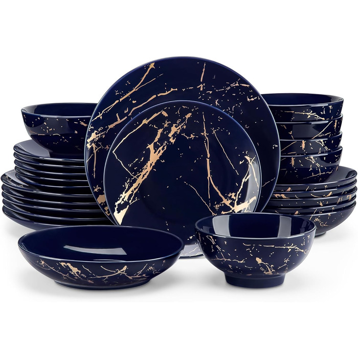 Набір посуду Lovelcasa Sweet Daphne, 32 елементи, порцеляновий сервіз з золотим декором для 8 осіб (темно-синій)