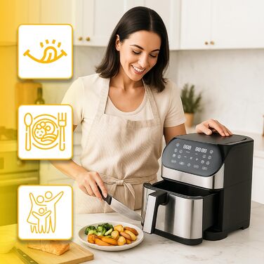 Аерофритюрниця Retoo 6.5л 1800Вт, 10 програм, до 200°C, з цифровим керуванням, нержавіюча сталь (чорний/срібний)