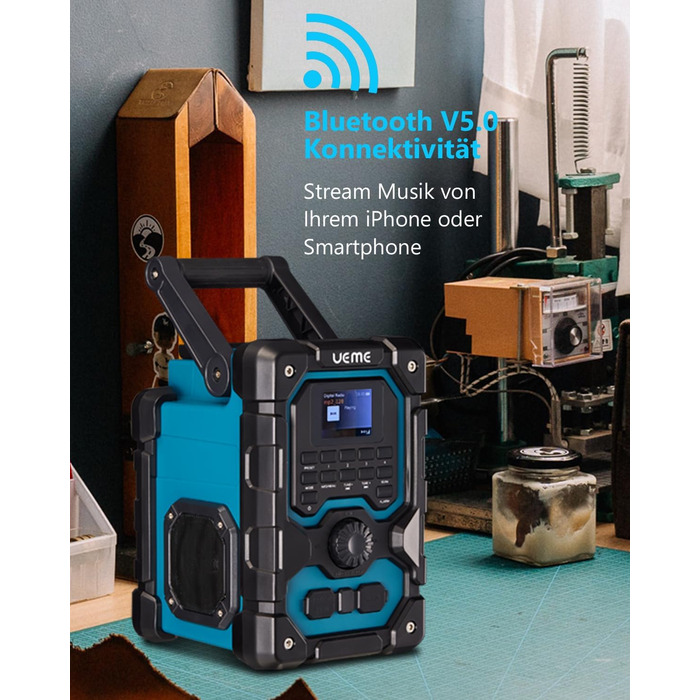 Радіо для будівельного майданчика з DAB+, FM, Bluetooth 5.0, 16W, акумулятор 8000mAh, USB-зарядка, Aux, захист від пилу та вологи (блакитне)