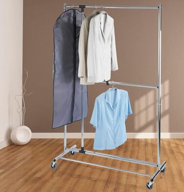 WENKO Clothes Rack, Folding, Clothes Storage with Adjustable Clothes Rail and Wheels, Plastic/Metal, 88 x 100-168 x 11-49 cm, Chrome/Grey (188 x 49 x 116 cm)