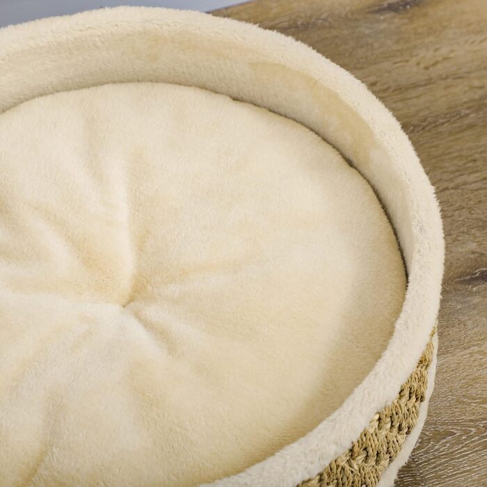 PawHut Крісло-лежанка для котів та собак, лежанка для тварин з сизалевим мотузком та дерев'яними ніжками, кругленька, для дому, бежево-хакі, 48 x 48 x 24,5 см