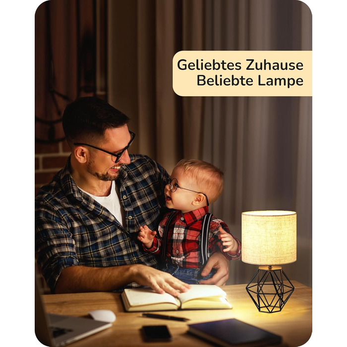 EDISHINE Настільна лампа - Сучасний індустріальний дизайн, E14 цоколь, вінтаж, для спальні/вітальні, білий & золотий (льон + чорний)