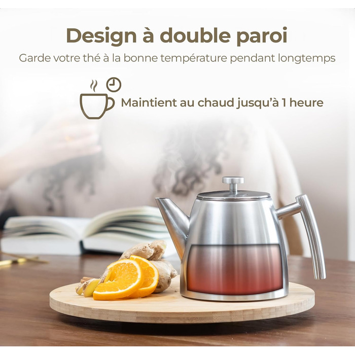 Teapot | Stainless Steel 1L | Teapot with Infuser | Stainless Steel Teapot | Stove for Teapot | Teapot with Stove | Tea Maker | Double-walled (Gray)