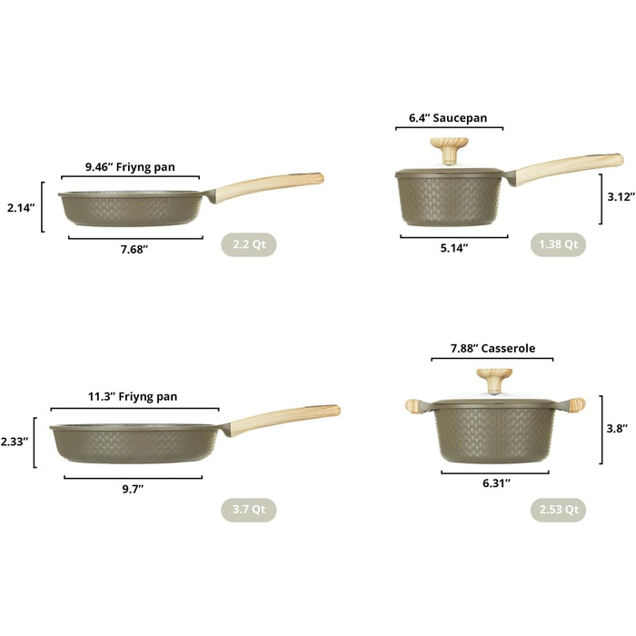 Набір посуду KASANOVA Bambù з антипригарним покриттям, 6 предметів, індукція, скляні кришки (Зелений)