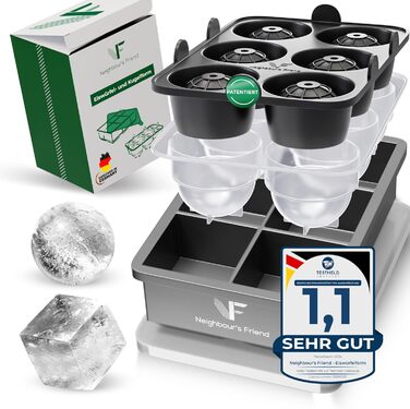 Neighbour's Friend Patented Ice Sphere Mold with XXL Ice Cube Mold - Large Round Silicone Ice Cube Mold for Cocktails, Whisky & Long Drinks - 6x Ice Cubes & 6x Ice Spheres, Dishwasher Safe