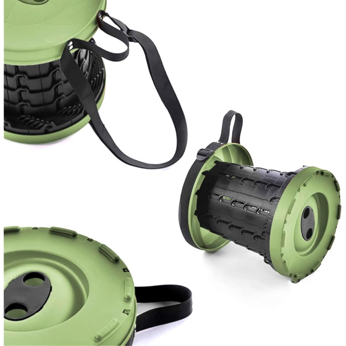 Стілець-телескоп складний Fishtec, регульована висота 6-44,5 см, ABS-пластик, вантажопідйомність 130 кг, портативний 1,28 кг, Ø25,5 см, з плечовим ременем, для кемпінгу, риболовлі, пікніка, чорно-зелений