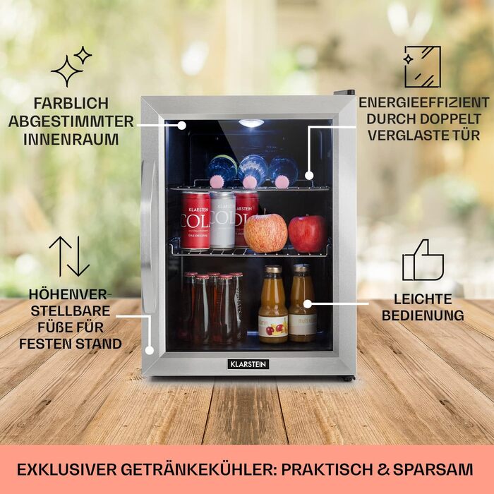Міні-холодильник Klarstein з скляними дверцятами, 33 літри, для кімнати, тихий, indoor/outdoor