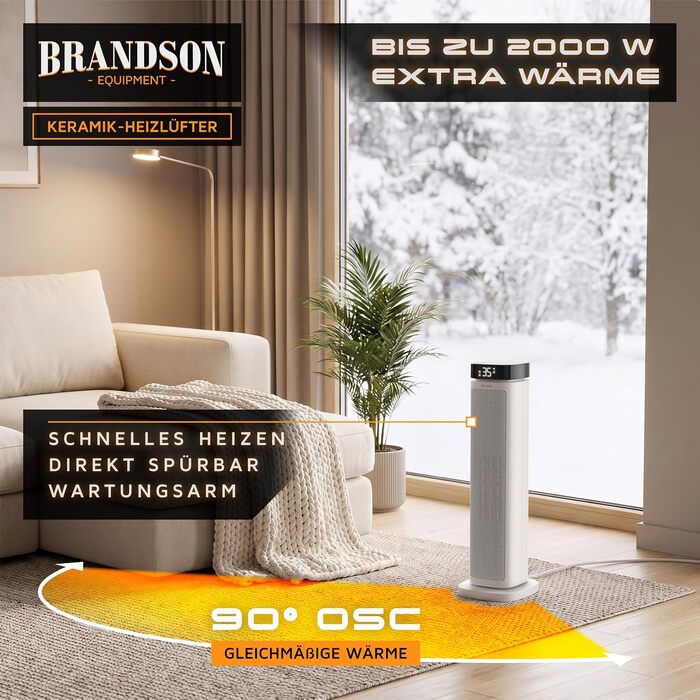 Керамічний обігрівач Brandson ECO Design 2000 Вт з дистанційним керуванням, функцією осциляції та ECO-режимом для спальні та ванної кімнати
