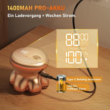 Професійний електричний стайлер для гоління голови 7D PRO Glatzen Rasierer для чоловіків. Водонепроникний (IPX6), з плаваючою головкою, акумулятор 1400mAh, швидкість 8800RPM, золота головка, USB-C, 0 мм