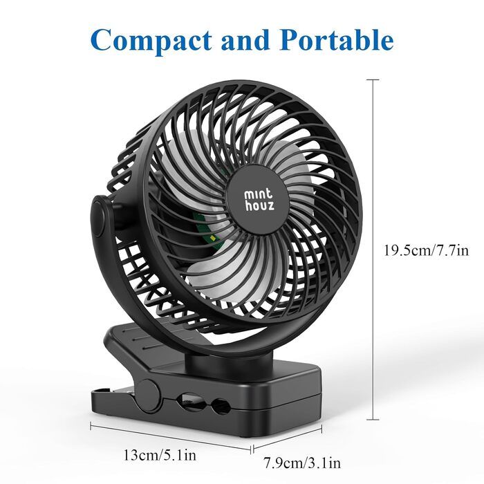 USB вентилятор настільний Minthouz тихий з акумулятором 12000mAh, портативний, з пульт, світло, таймер, 360° обертання, 3 режими, 45 годин роботи – для кемпінгу, офісу, дитячої коляски