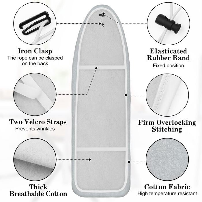 Чохол для прасувальної дошки з бавовни, 138x45 см, для прасувальних дошок 120-125 см, сумісний з парогенераторами