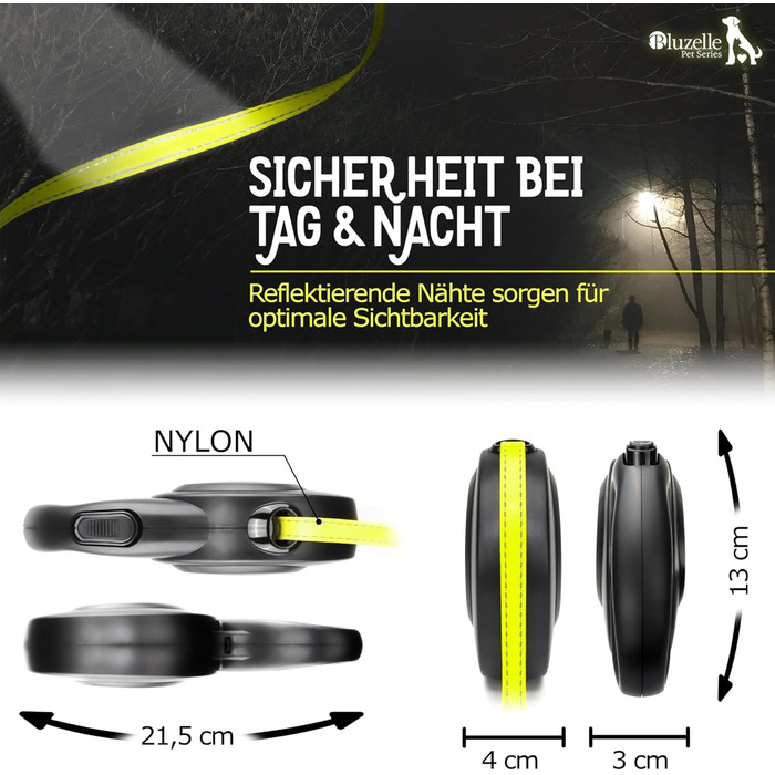 Рулетка для собак Bluzelle 8м, до 50кг, Neon-Yellow, з металевим карабіном 360°, зручний ручний гальма, чорний гумовий ручка