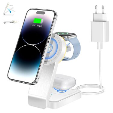 Бездротова зарядна станція 3-в-1 для iPhone 16/15/14/13/12/Pro Max/Mini, Apple Watch 9/8/7/6/SE/5/4/3/2, AirPods Pro/2/3 (біла) з індуктивним заряджанням