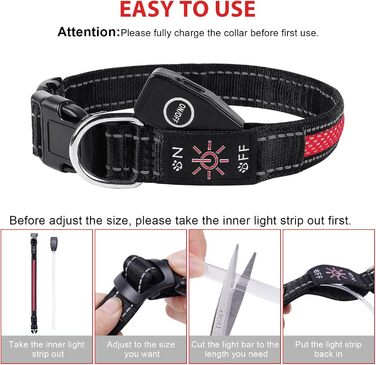 Світловідбиваючий нашийник для собак AUAUY LED, USB-зарядка, водонепроникний, регульований, безпечний, 6 кольорів (-S), S(11.8-15.7'/30-40 cm) (Червоний)