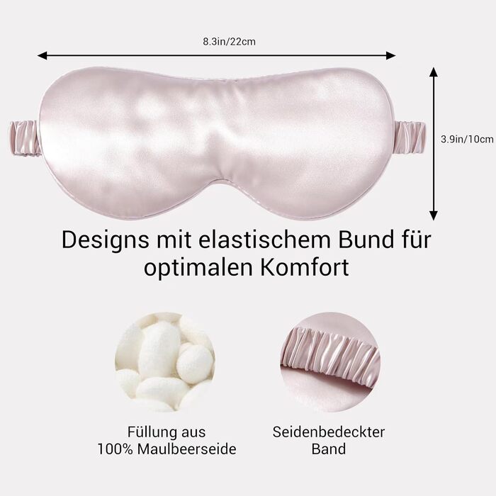 Сліпиця для сну з 100% натурального шовку морської шовкопрядки, 22 momme, для сну, охолодження, комфорту та повного затемнення. З еластичною стрічкою з чистого шовку та шовкової наповнювачем (Морська блакить) (Рожевий - Реальний 22 мм)